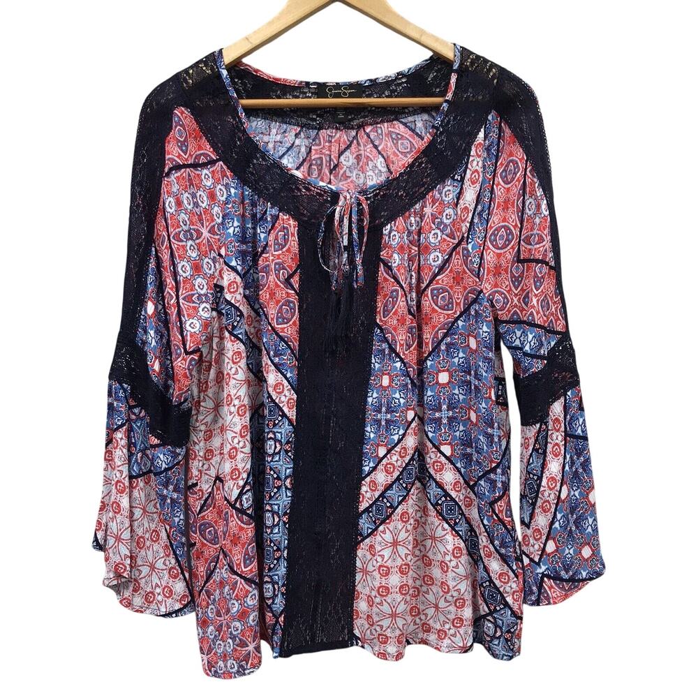 Jessica Simpson Top Womens Large Red White Blue Black Lace Accents